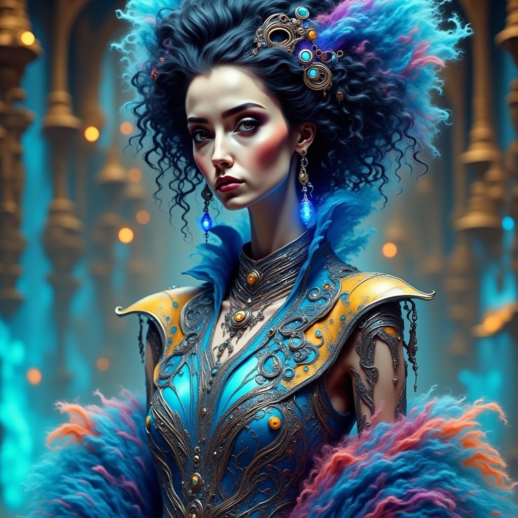  <lora:SybilThorn-4:1.0> portrait of a beautiful woman wearing intricately detailed colorful clothing and futuristic jewelry.