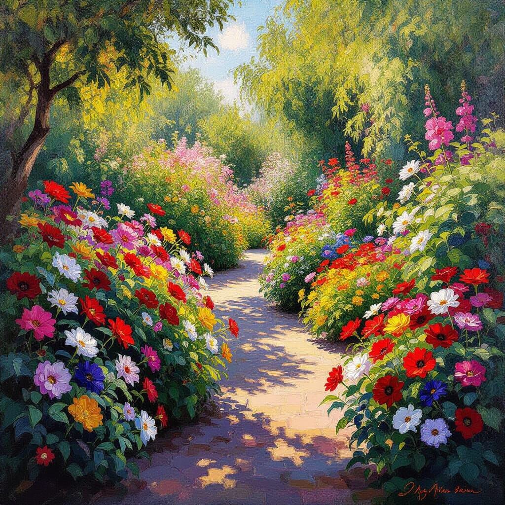 Vibrant Impressionist Flower Garden in Golden Hour