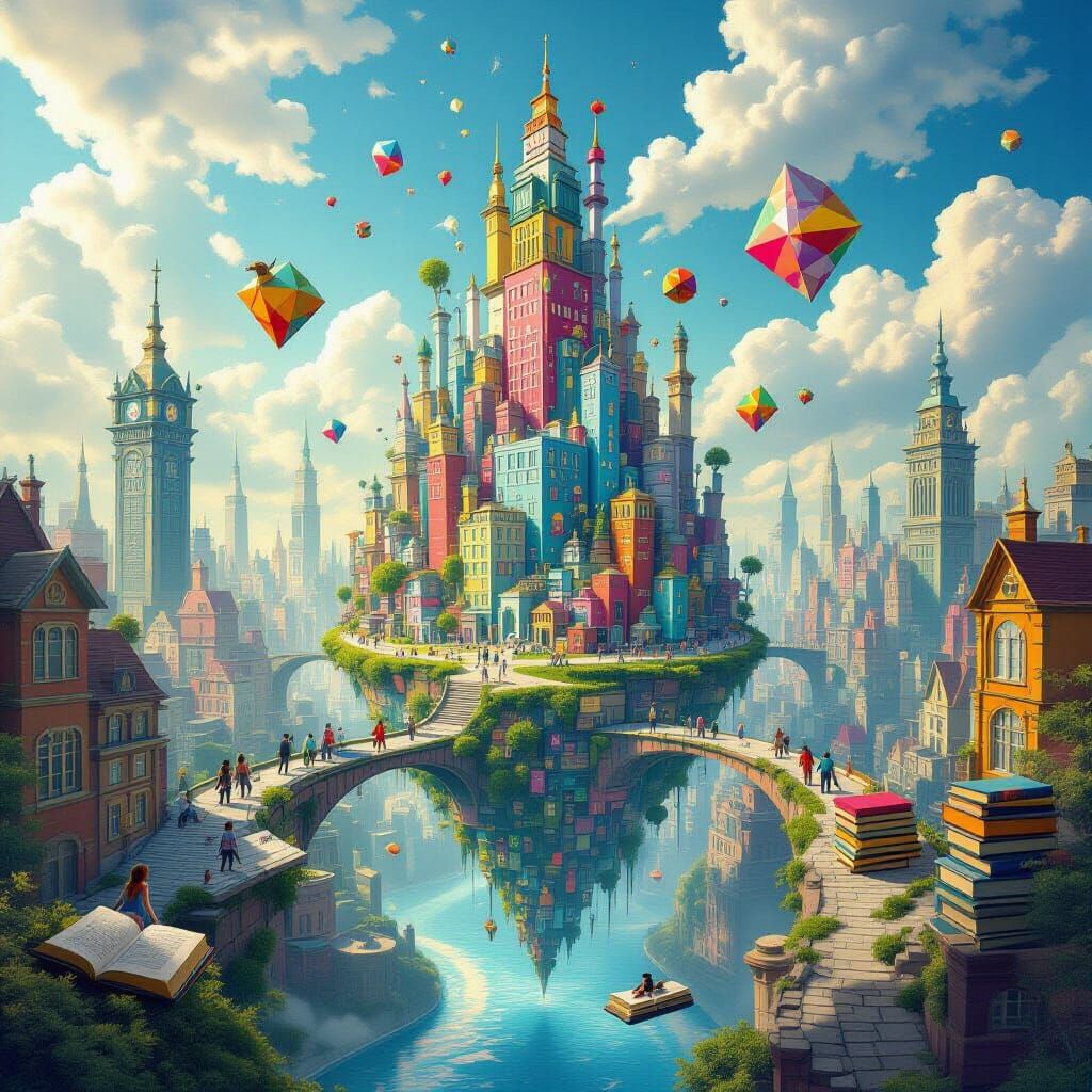 Surreal Sky Rivers and Plant Buildings in Dreamlike City