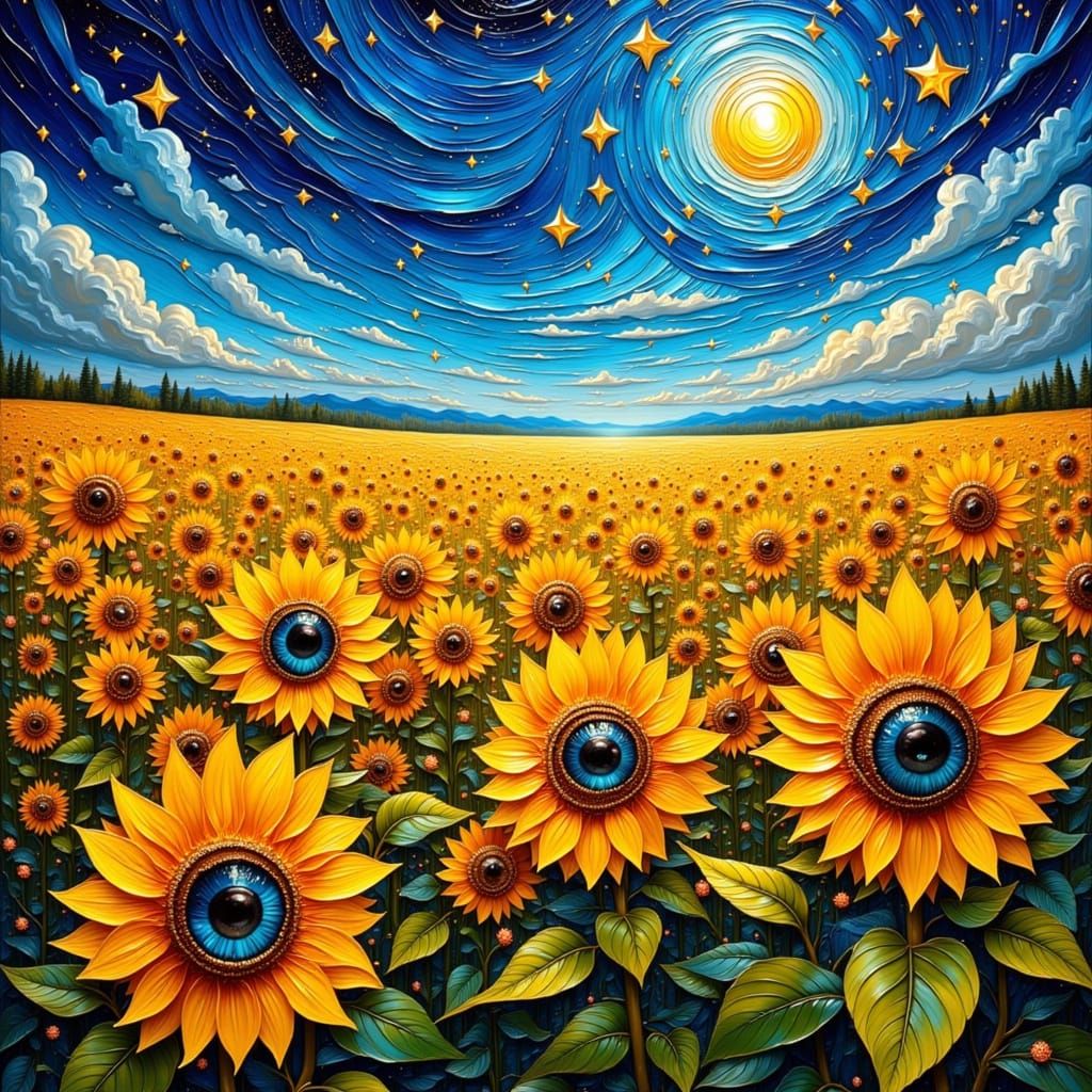 Sunflowers With Human Eyes Beneath Starry Sky