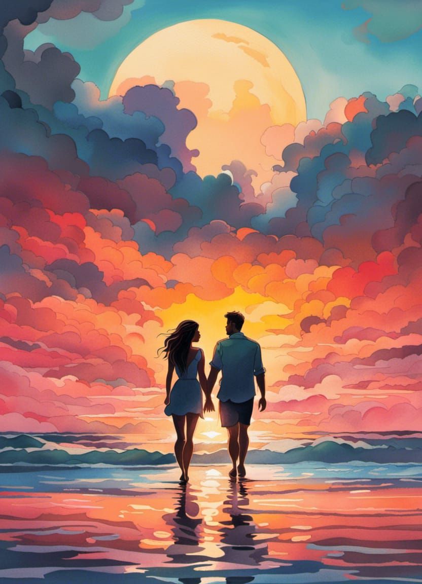 abstract illustration of a smiling couple in love holding hands in