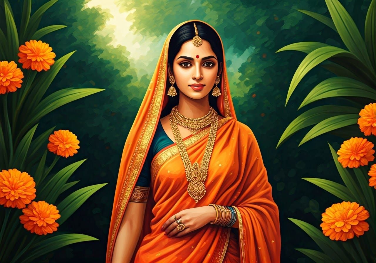 Serene Indian Woman in Traditional Attire Amidst Lush Garden