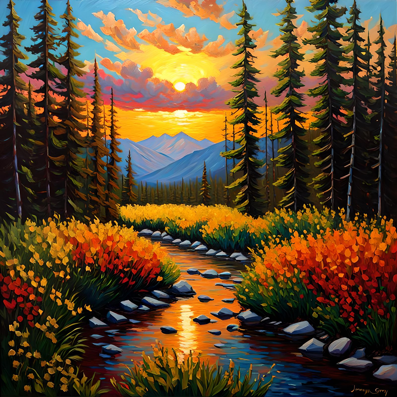 Impasto oil painting of the wilderness at sunset