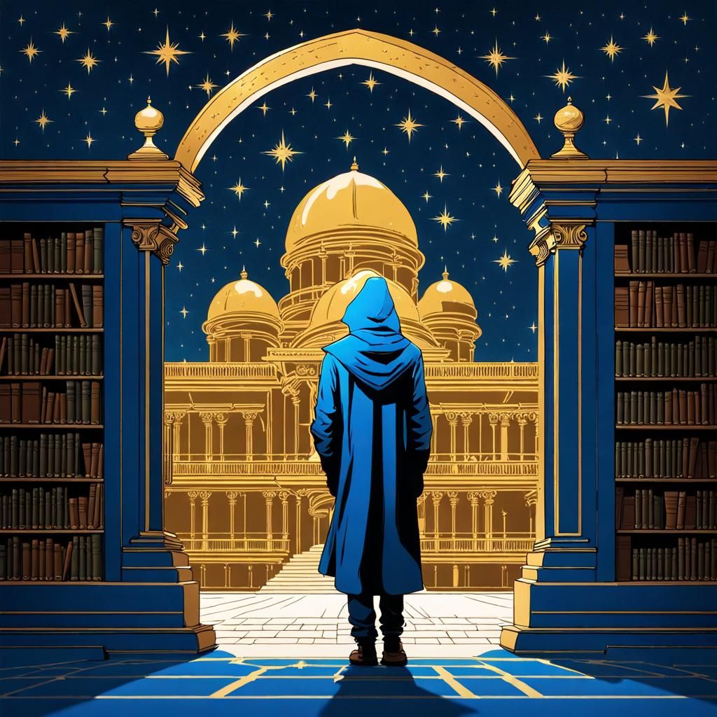 men with a blue hood holding a book in a gold library with a...