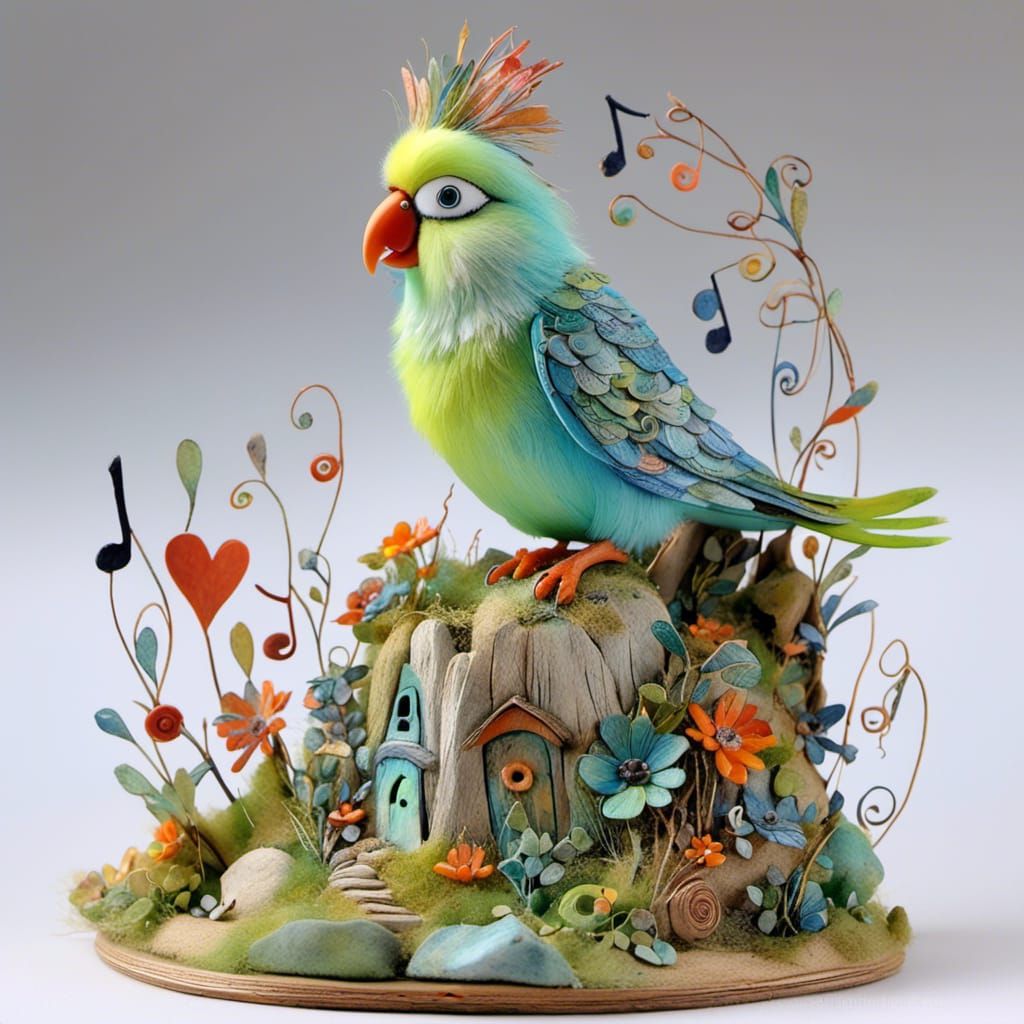  Whimsical fluffy parakeet bird 