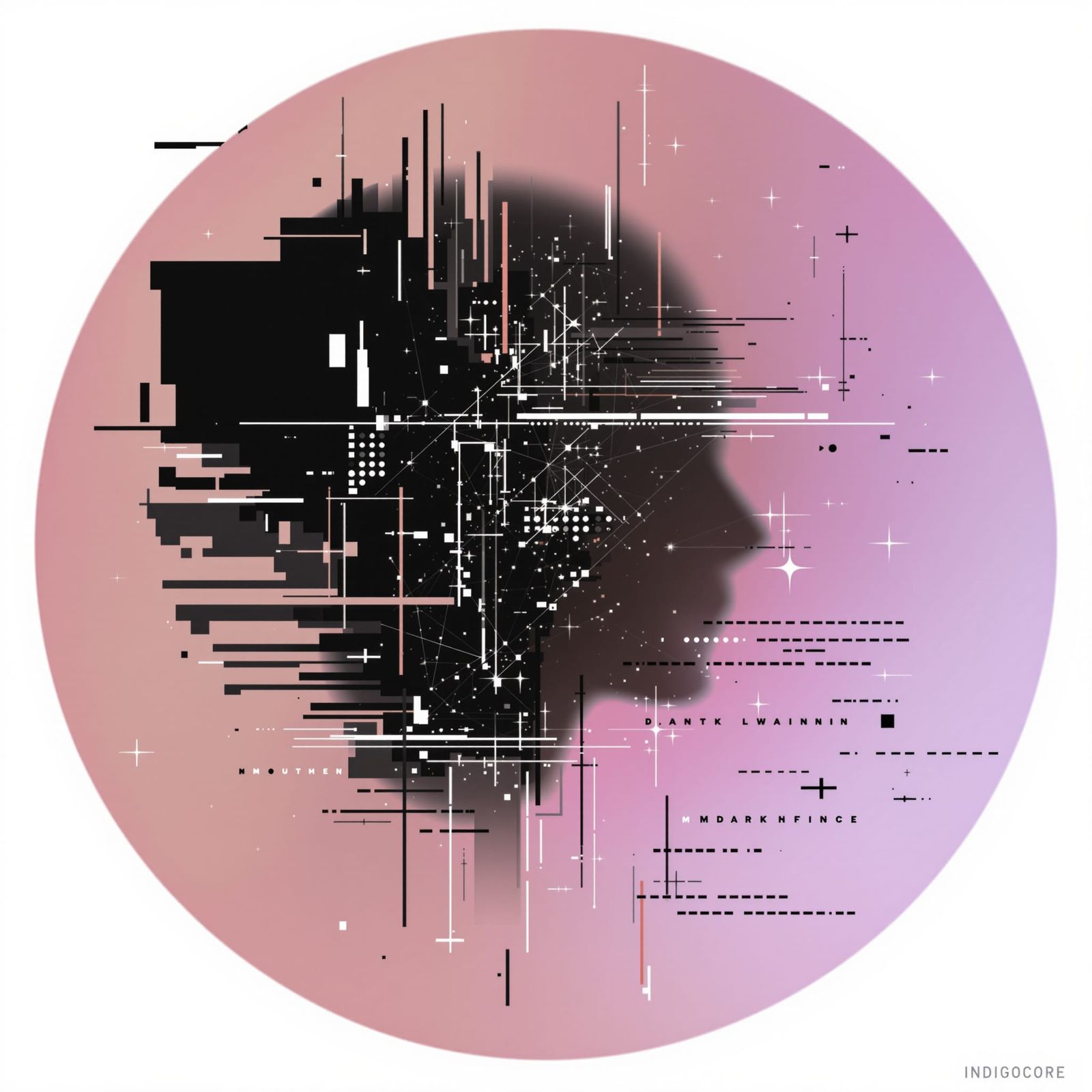 Abstract Glitch Art with Constellations and Sparkles