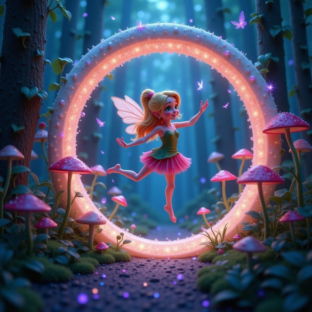 <lora:Lily Fairy Character:1.0>A carefree fairy dancing in the middle of a glowing mushroom ring, surrounded by bioluminescent plants and mu...