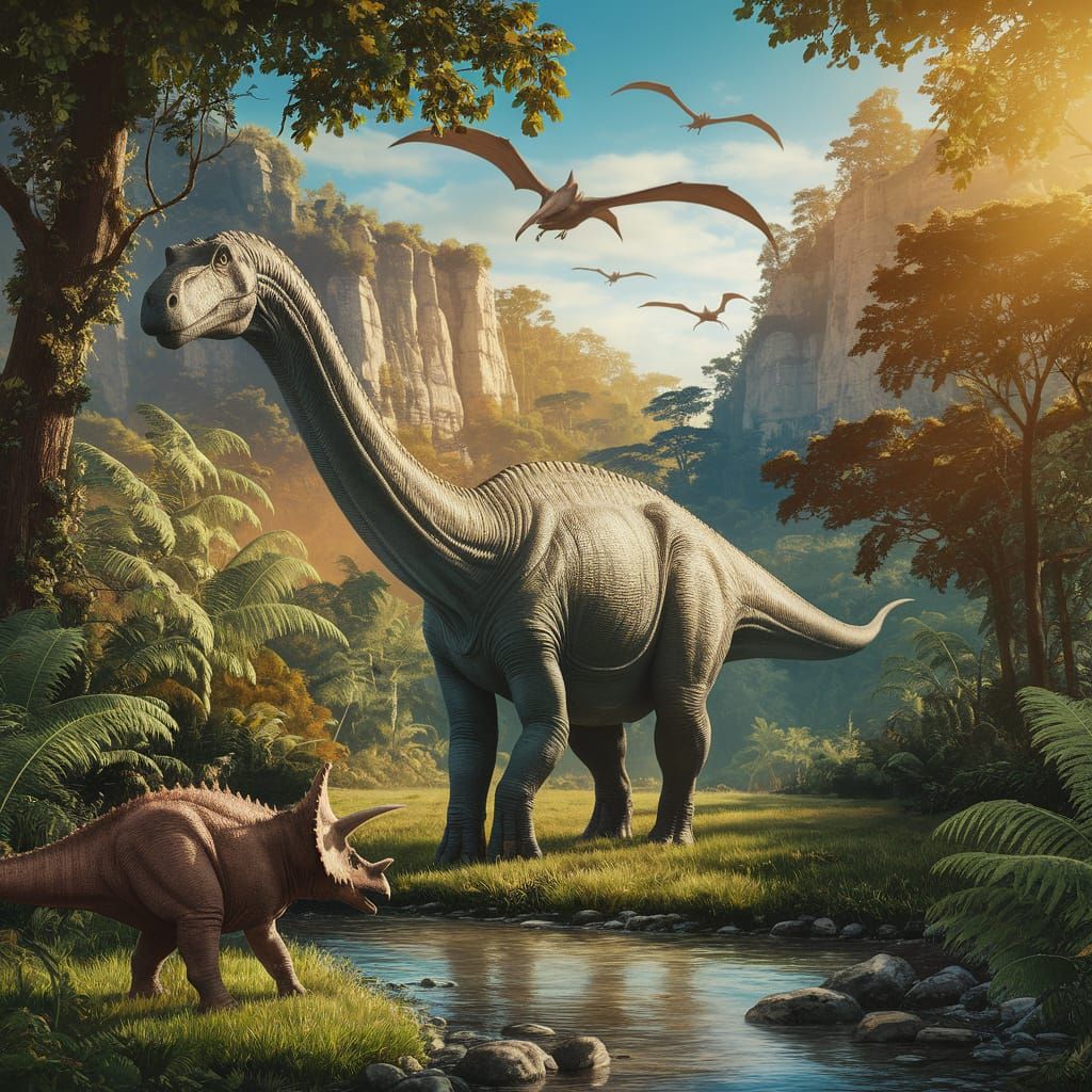 Une forêt remplie de fougères et de falaises volcaniques.
Un dinosaure à long cou broutant près de l'eau.
Un ...  by @Angel_Nath