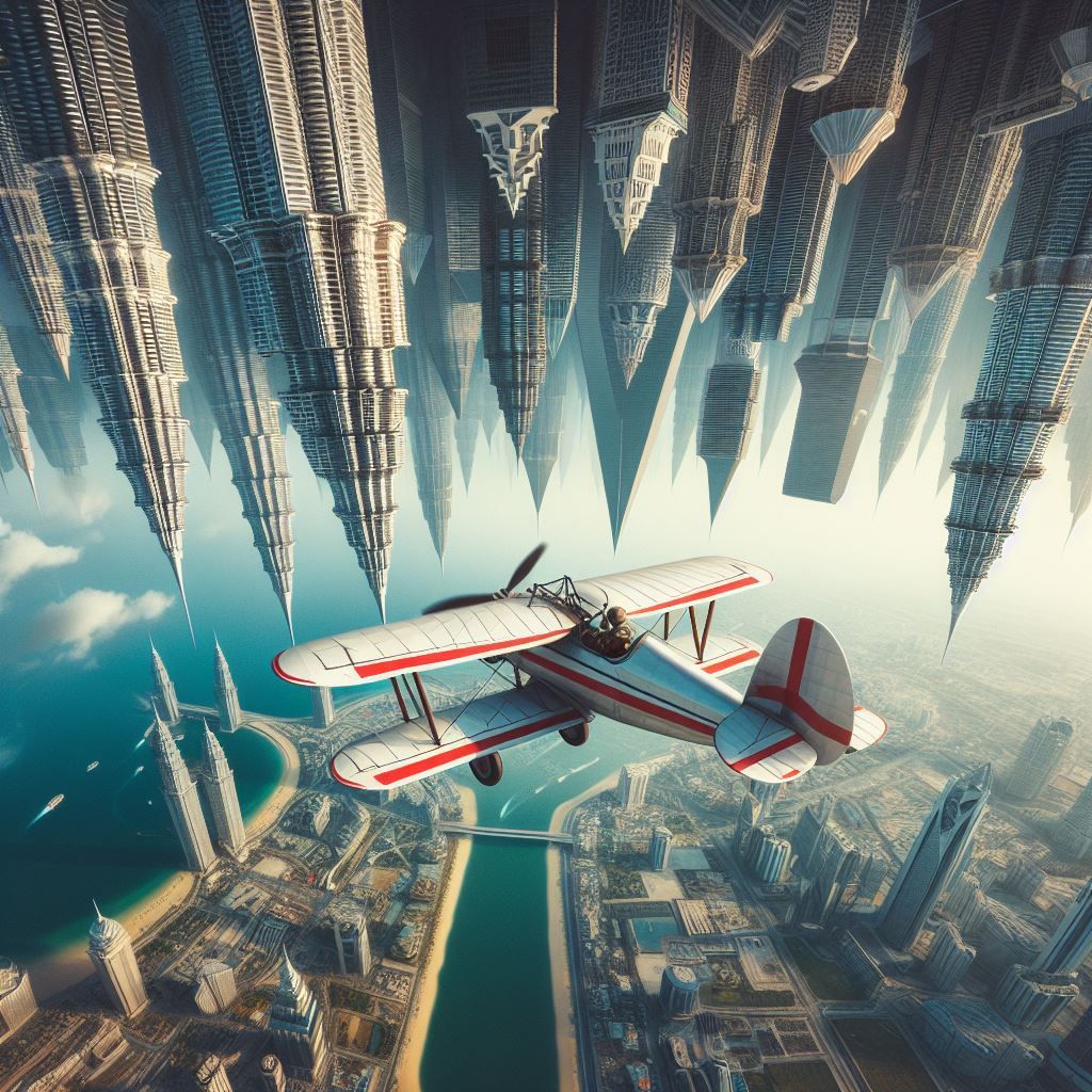 Pilot navigating around skyscrapers of upside down city