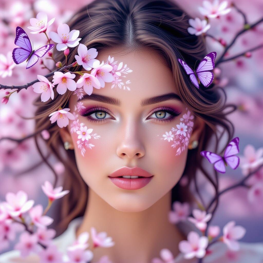 Woman Face Merging with Cherry Blossoms in 8K