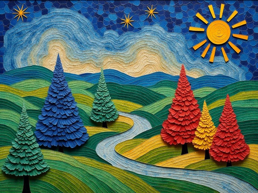 Painterly Landscape with Golden Sun and River in Geometric S...