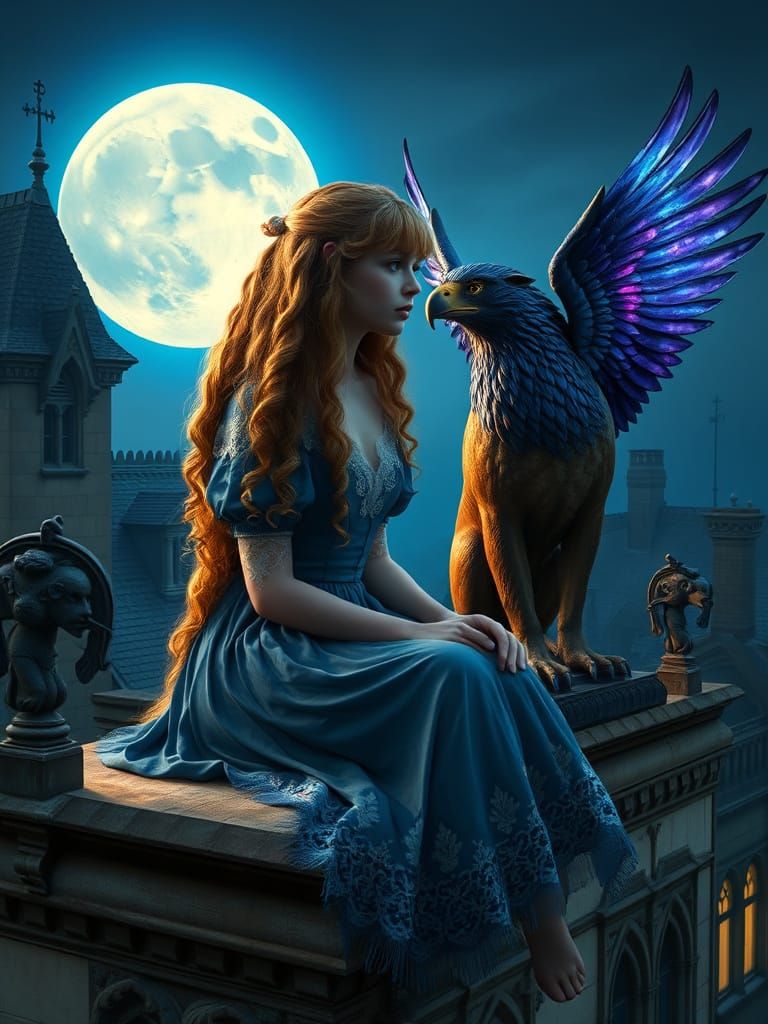 Sad little Victorian girl with golden blonde ringlets and a blue dress adorned with intricate lace, ...  by @Stibs