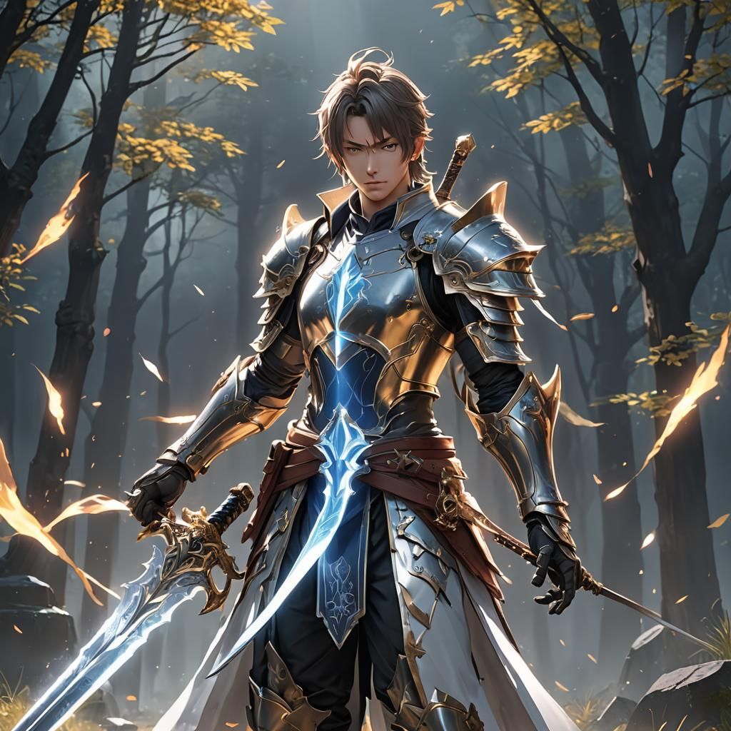 A glowing sword wielded by a strong hero