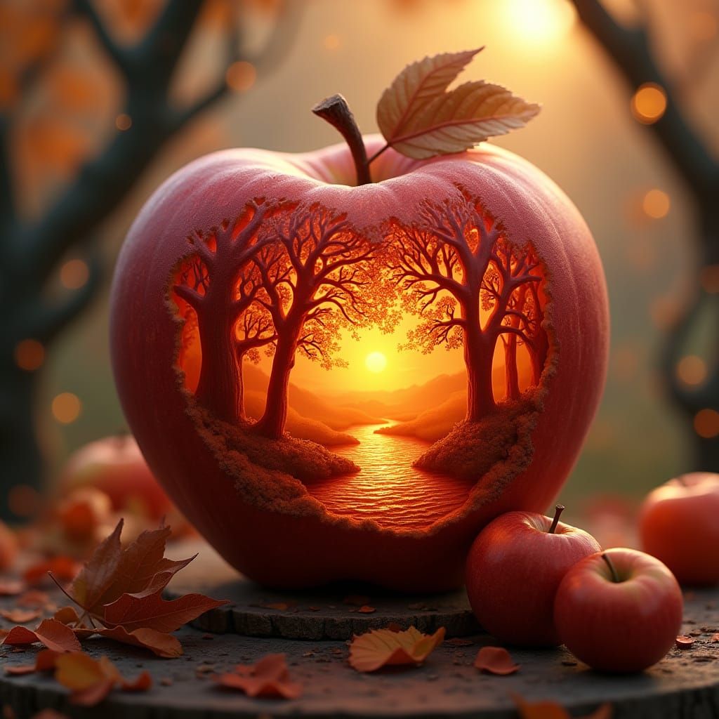 Realistic photo artwork featuring an extra-large, red apple as the central subject. The apple is styled with a detailed landscape scene carv...
