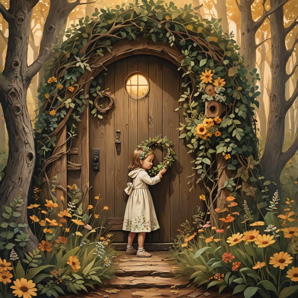 Whimsical Folk Art: Mother and Baby Enter Forest Home