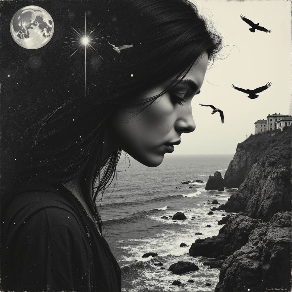 Surreal Glitch Collage of a Woman on Cliffs