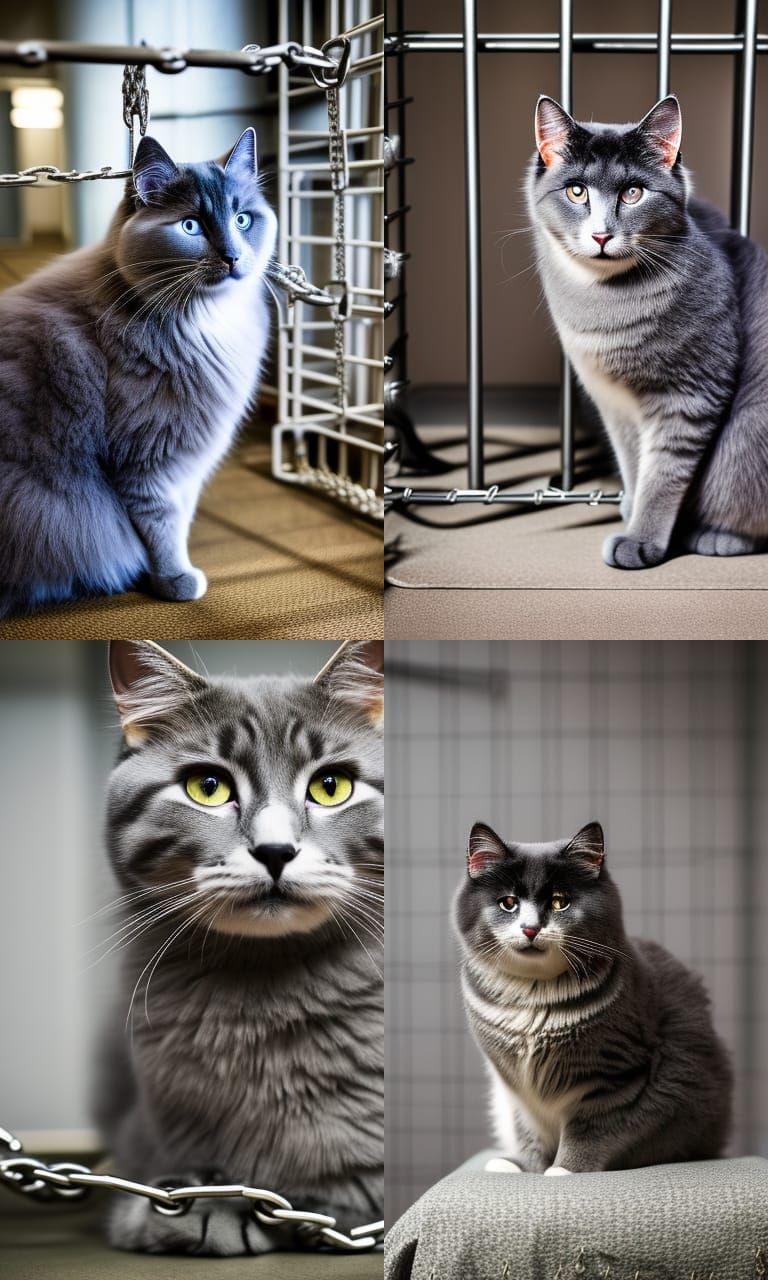 Beautiful fluffy gray cat as a prisoner in jail cell, sittin...