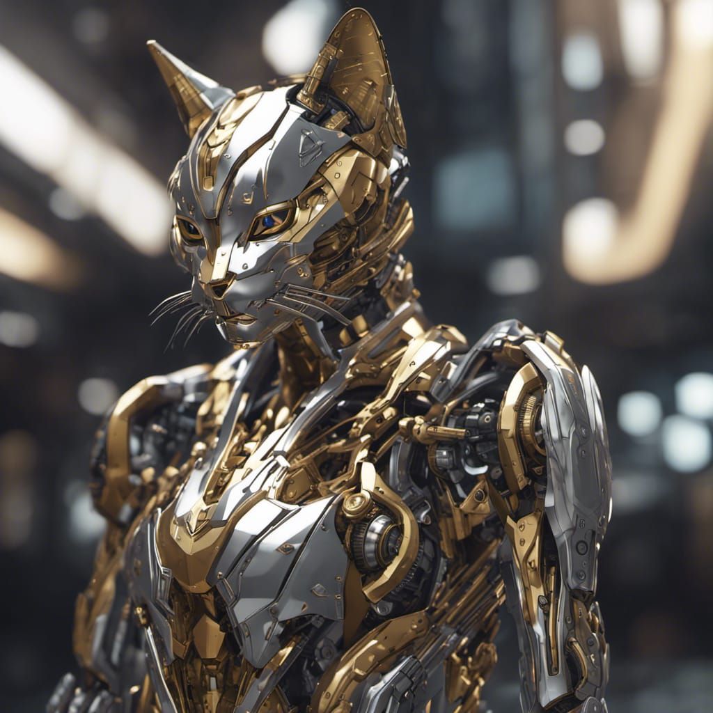 mech cat suit of silver and gold - AI Generated Artwork - NightCafe Creator