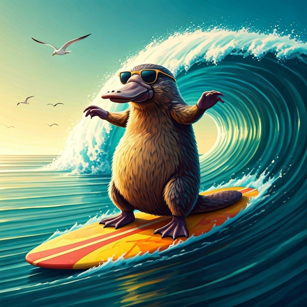 A duck billed platypus paddling on a surfboard  by @Anne Gill