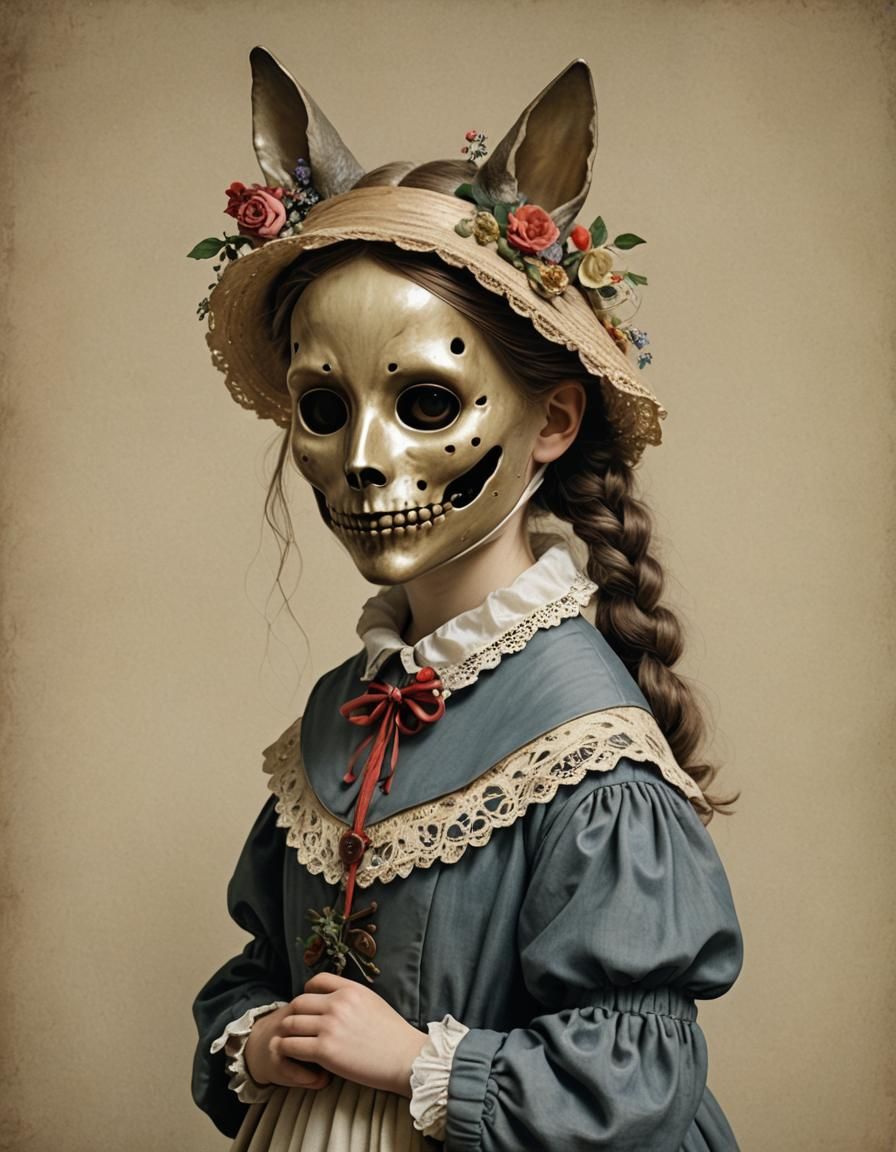 Girl with Death Mask (She Plays Alone) in the style of Beatrix Potter