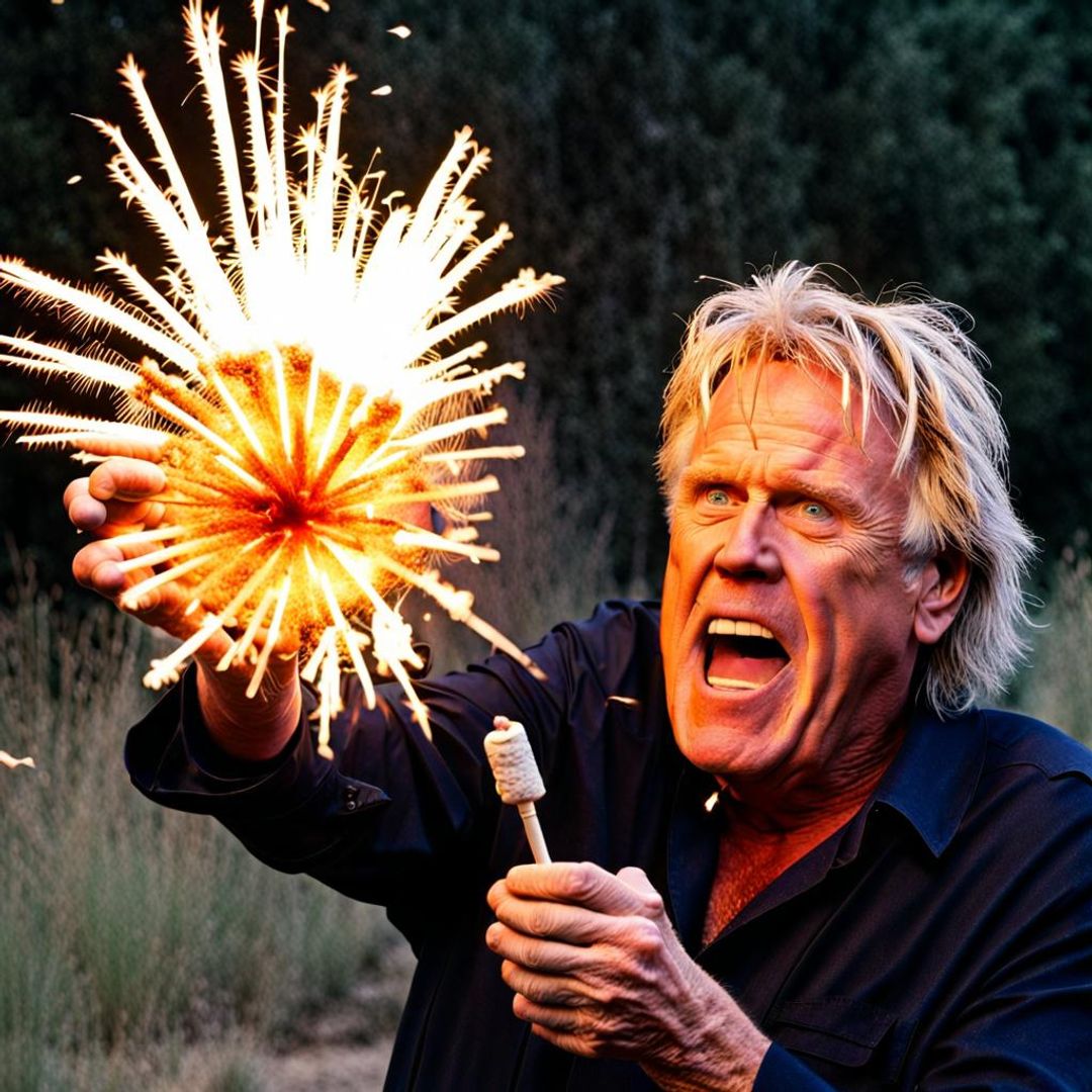 Gary Busey with a very large fire cracker exploding in his hand. - AI ...