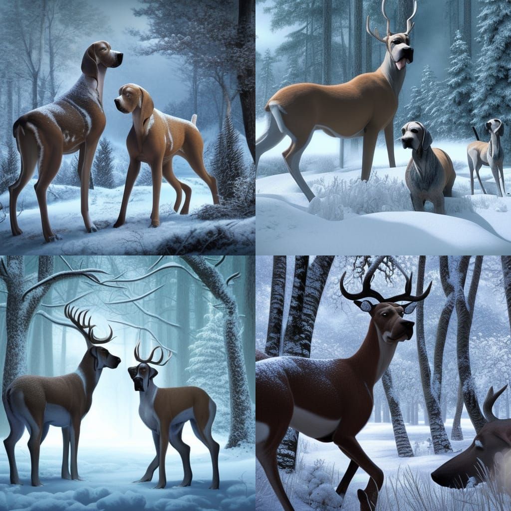two arlekino great danes hunting beautiful deer in detailed ...