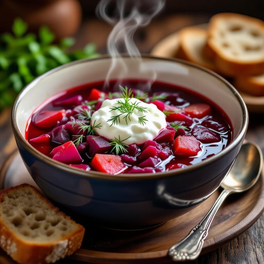 Ukrainian Borscht Bowl with Sour Cream and Dill