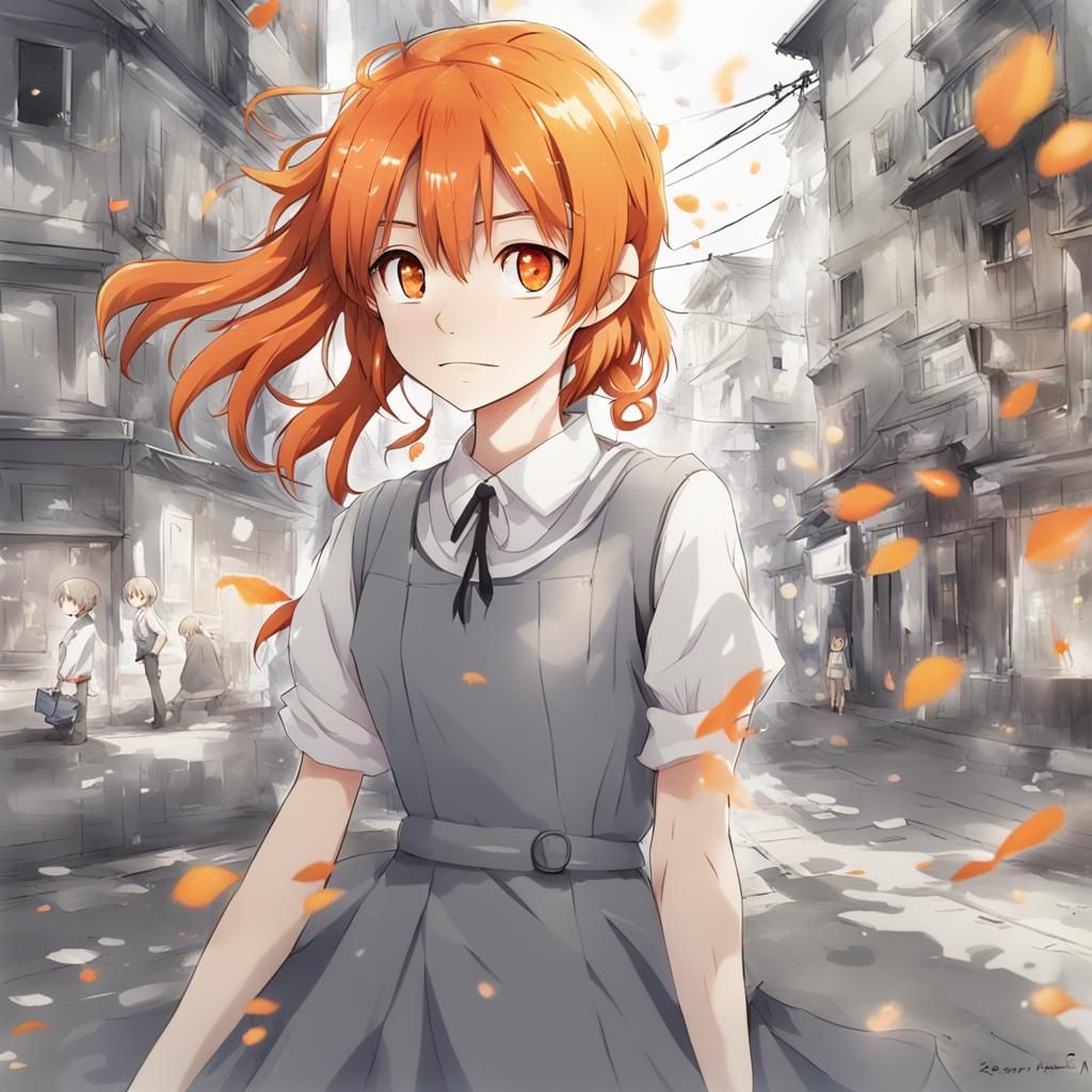 Anime Girl with Orange Hair in Gray Dress