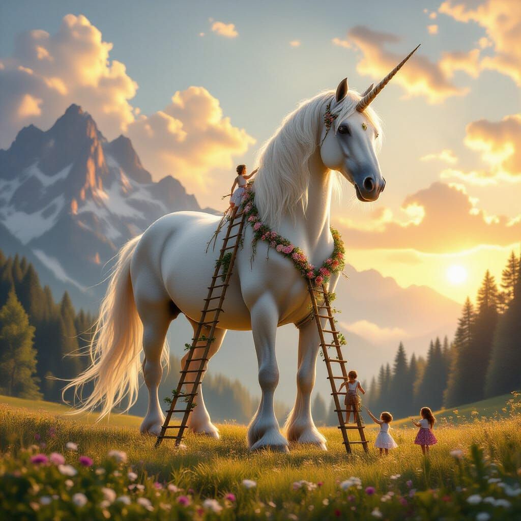 A colossal fairy-tale horse with a magnificent, flowing mane stands in a vast, sunlit meadow. Her immense body towers so high that a dense f...