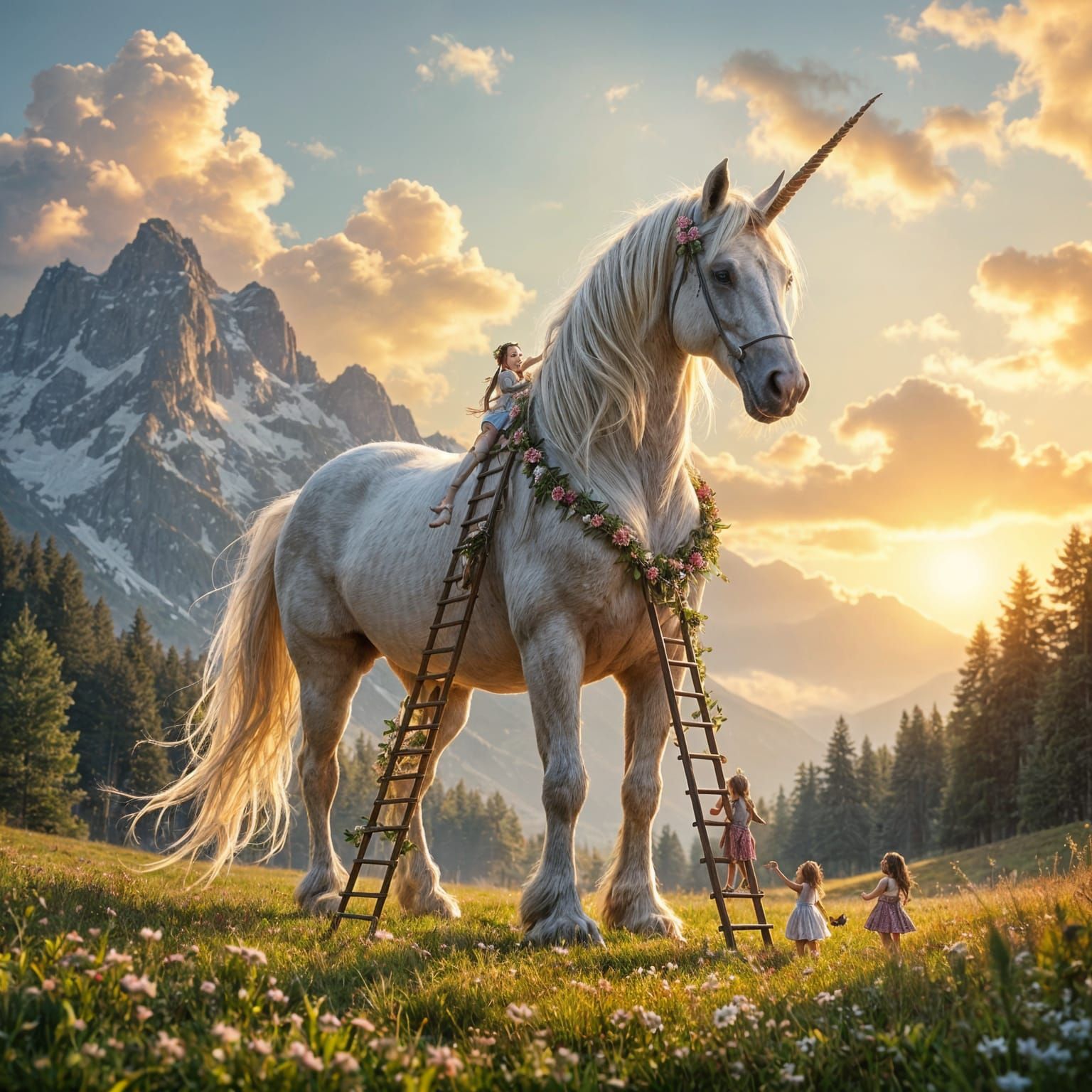 A colossal fairy-tale horse with a magnificent, flowing mane stands in a vast, sunlit meadow. Her immense ...  by @Schoor