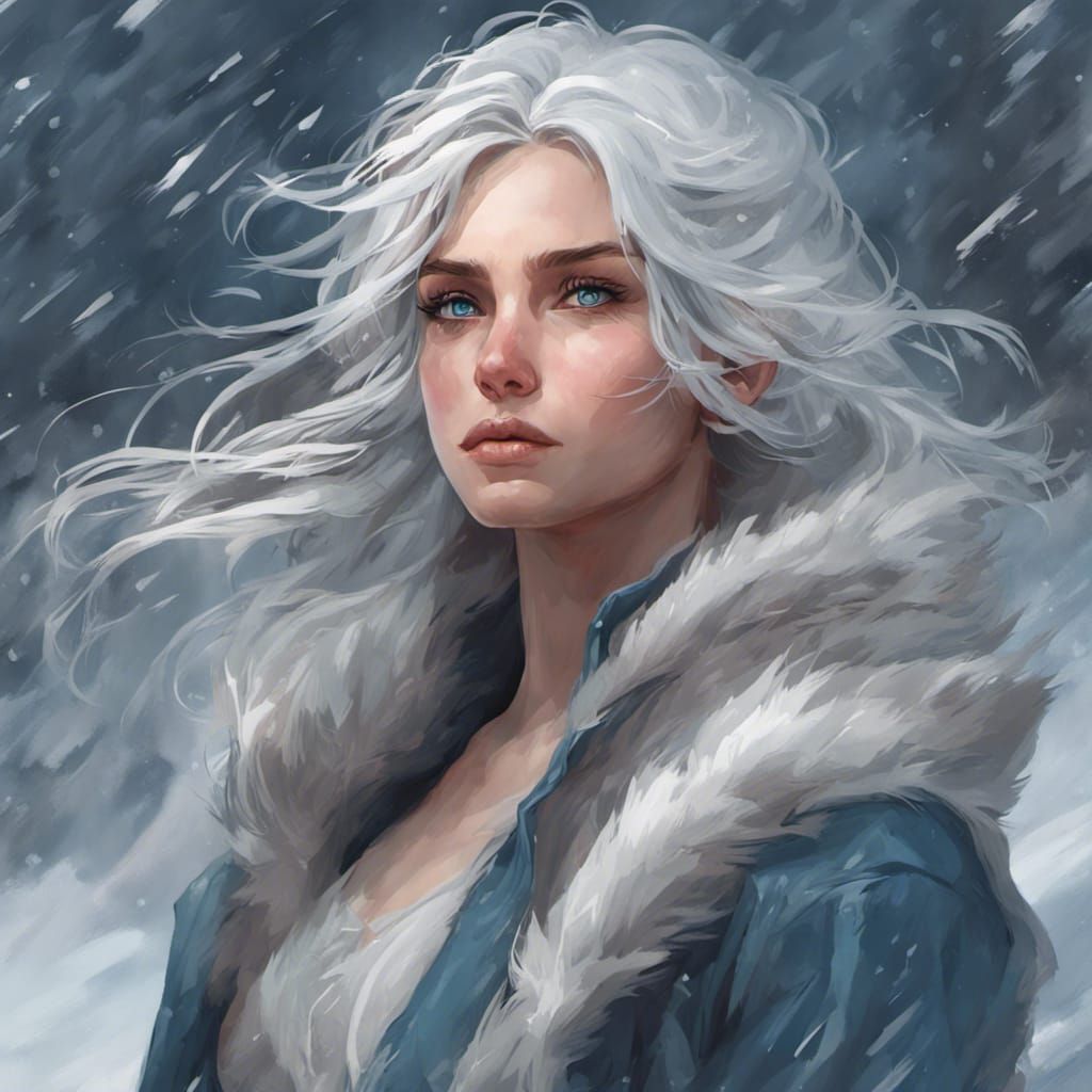 beautiful blue-eyed girl with her icy silver hair blowing in the wind ...