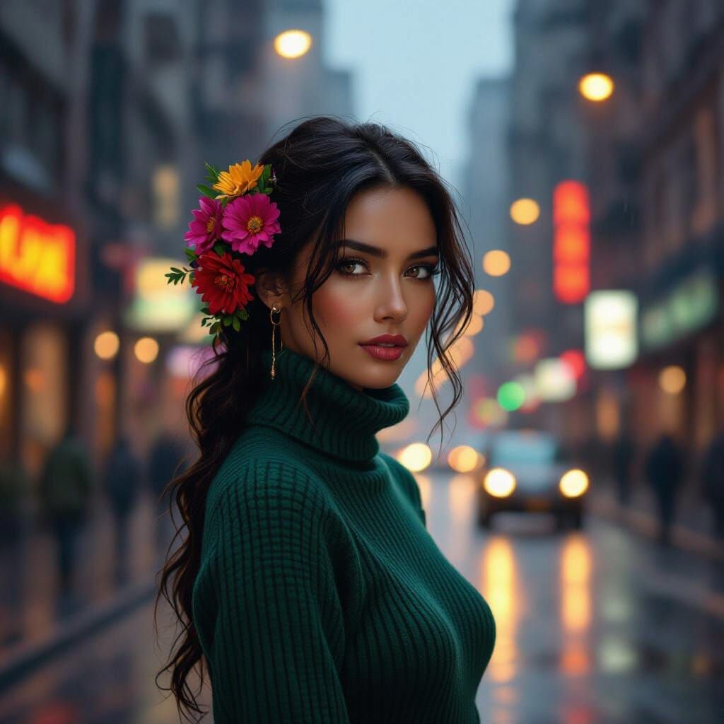 Woman with Flowers in Hair on Rainy City Street at Dusk