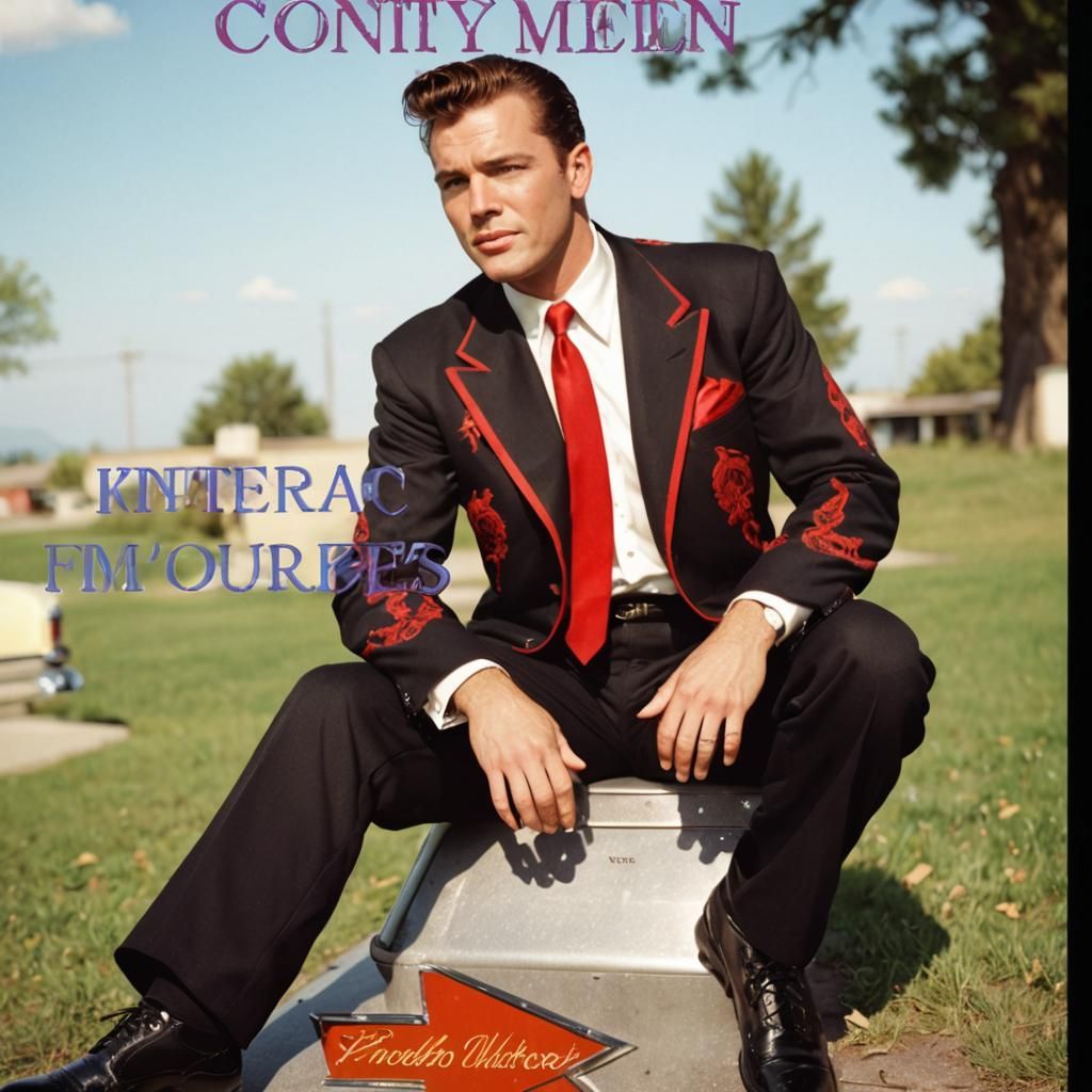 A 1950s country  music singer leaning up against a Cadillac in a motel parking lot A 1950s style kitchen Cinematic film still, shot on v-rap...