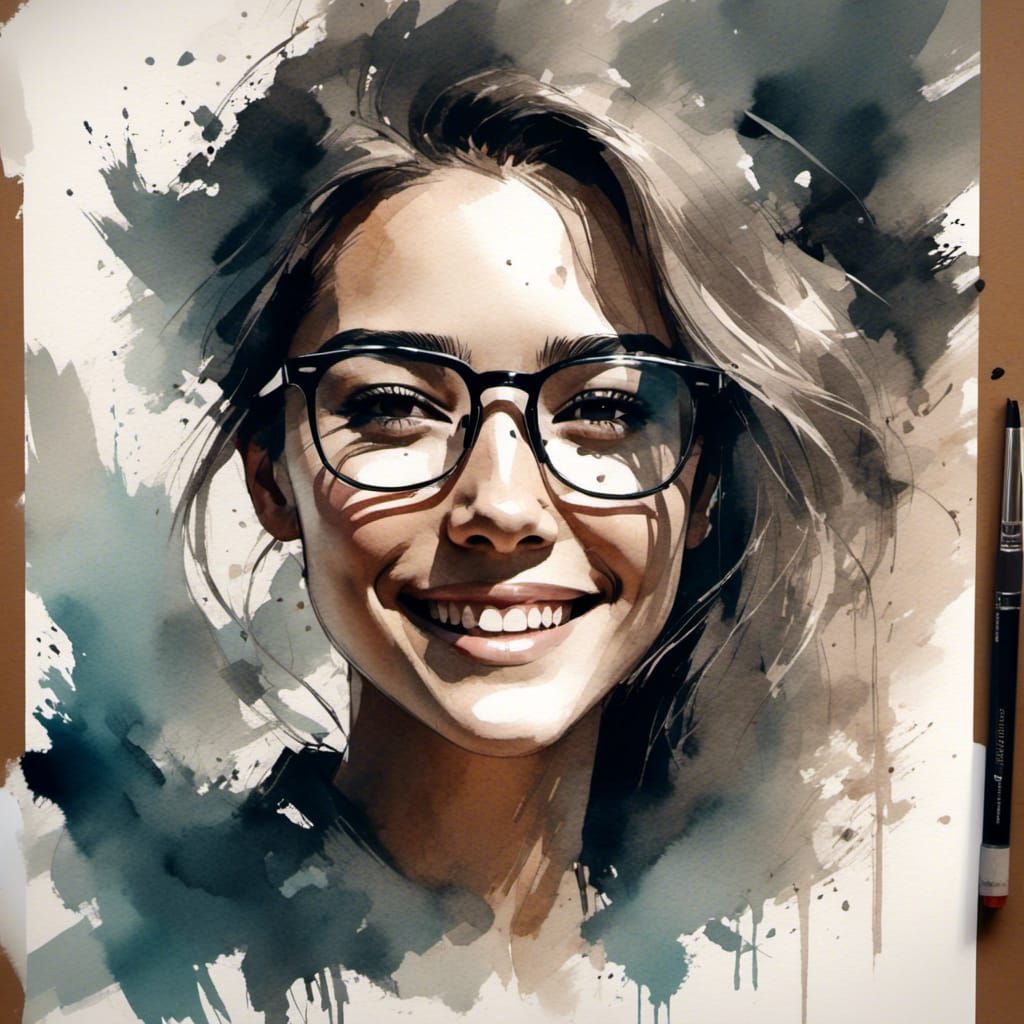 <lora:Ink Sketch:1.0>  A portrait of a gorgeous smiling woman wearing glasses, ink paint sketch, concept art, painterly, deviantart, sketchl...
