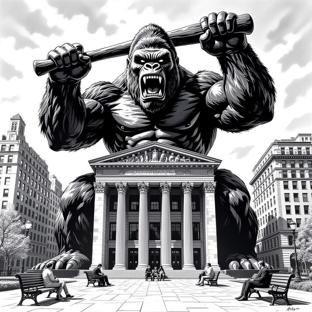 A surreal black and white urban scene. A gigantic monstrous gorilla-like statue with an angry face looms over a building facade, holding a h...