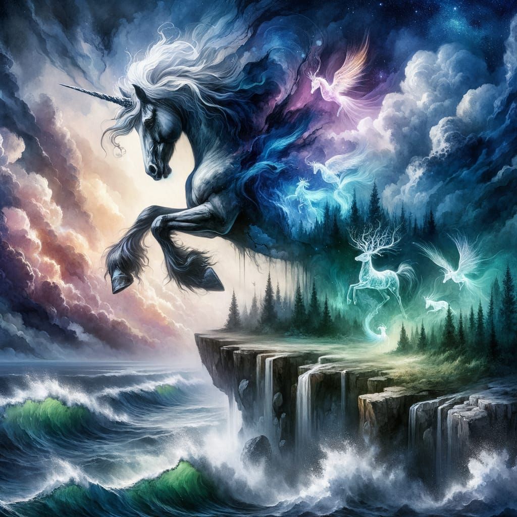 A dramatic watercolor painting of a majestic Unicorn Stallion   by @Angel Mouse