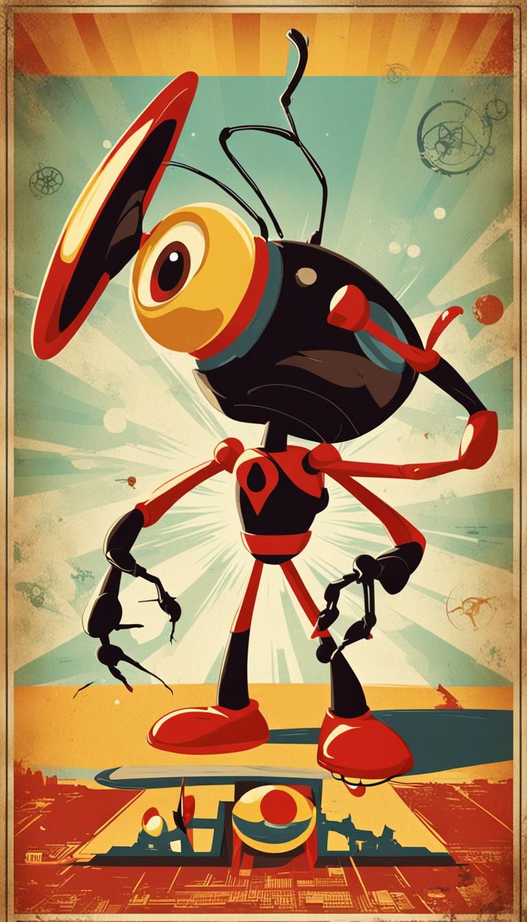  Atom Ant as a disney pixar retro movie poster, Pixar movie, labeled poster, skillful lighting, cartoon - like character...