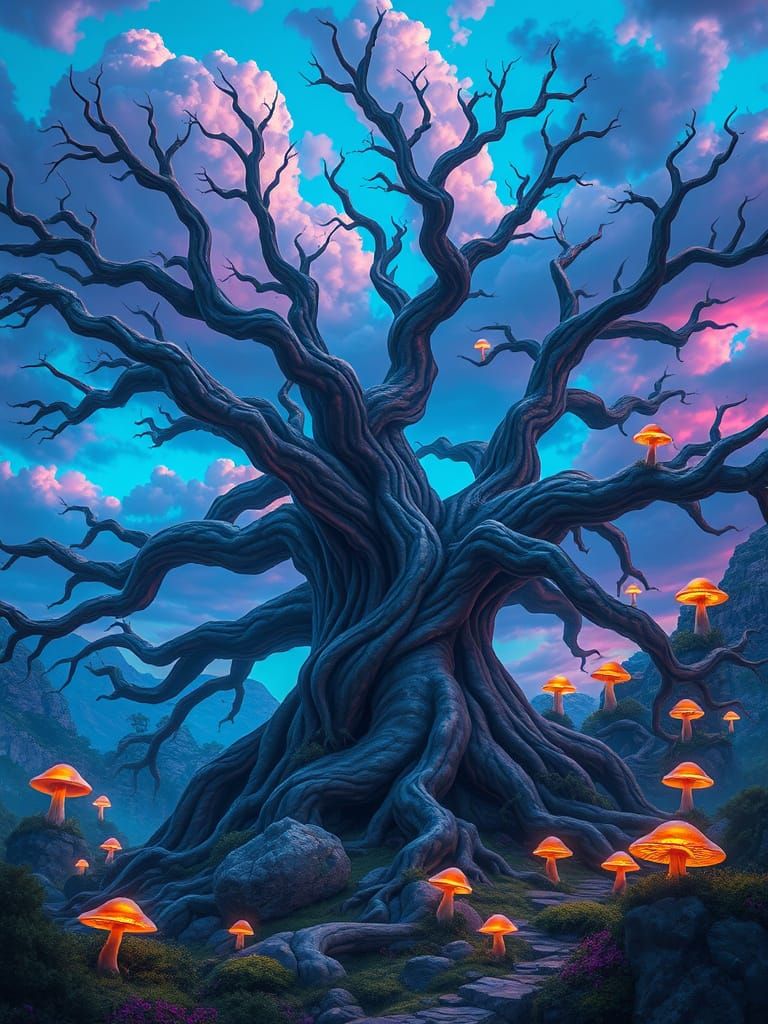 Ethereal Ancient Tree in a Vibrant, Electric Blue Sky