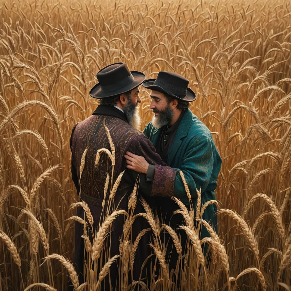 Chasidic Men Embrace in Klimt-Inspired Wheat Field