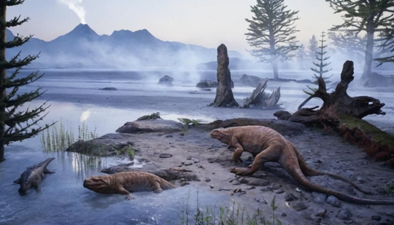 In a dense, mist-shrouded Triassic shoreline, where towering, ancient cycad trees with gnarled trunks and feathery, emerald-green fronds pi...