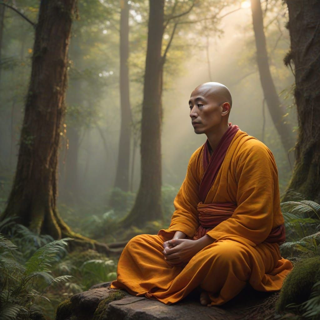 Serene Tibetan Monk in Himalayan Forest, Oil Painting Style