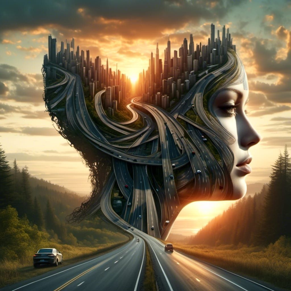 <lora:Road-SDXL-V2:1.0>  savannah Sunset Roads around  woman with swirling Hair made from roads, ultrafine detailed roads make a swirling he...