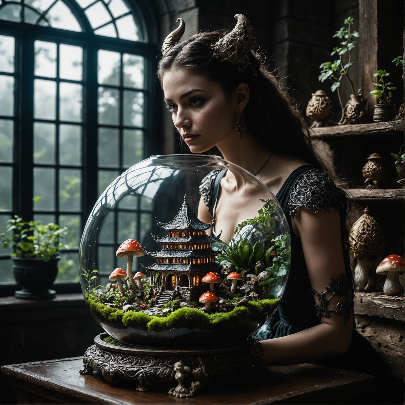 demoness holding a terrarium containing little ecosystem