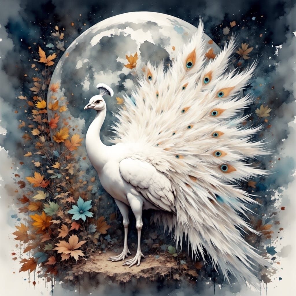 <lora:Shaman flux:1.0> A graceful, elegant, intricate white peacock is ((fanning out it's vibrant, colorful, iridescent feathers:1.7)). The...