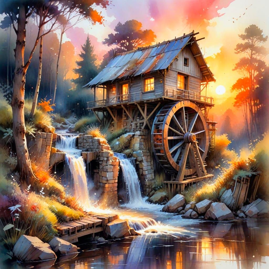 Waterwheel at Sunset in Whimsical Watercolor Style  by @Kosh
