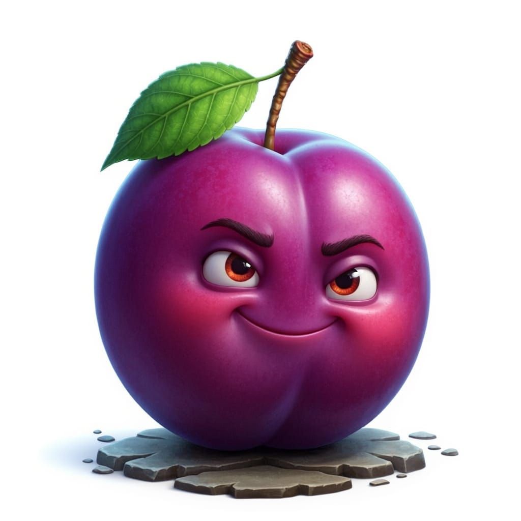 an animated plum with cute facial feature and smirk on face.