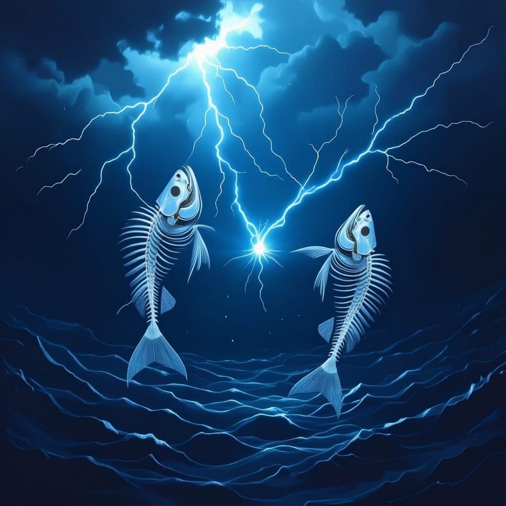 Two fish skeletons, swimming in different directions, on a dark background that looks like a perilous, stormy night. Lightning strikes the f...