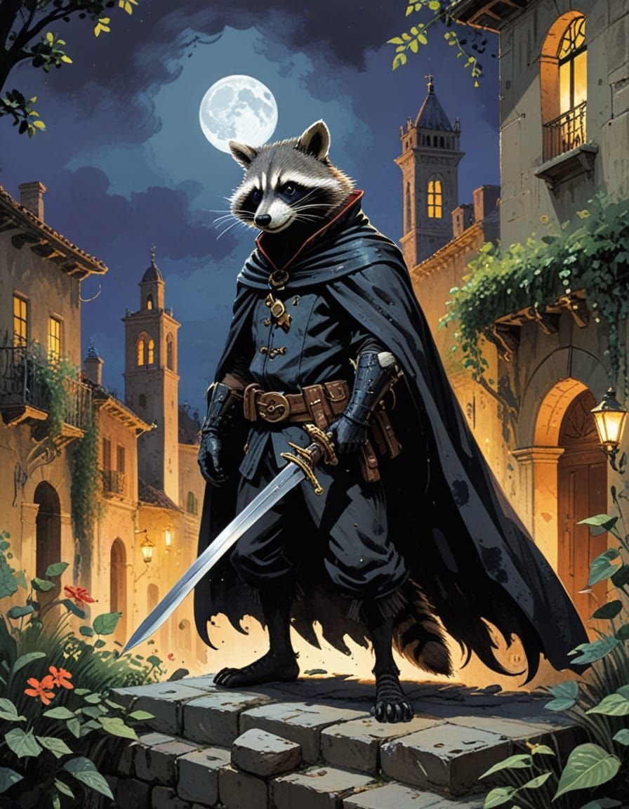 Raccoon Zorro dressed in black  by @Gonnutzie