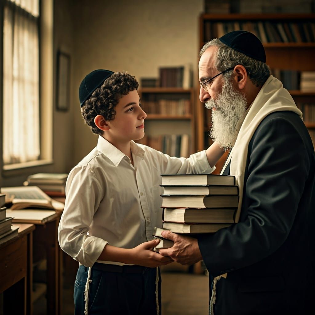 Boy Helps Teacher in Nostalgic Classroom Scene