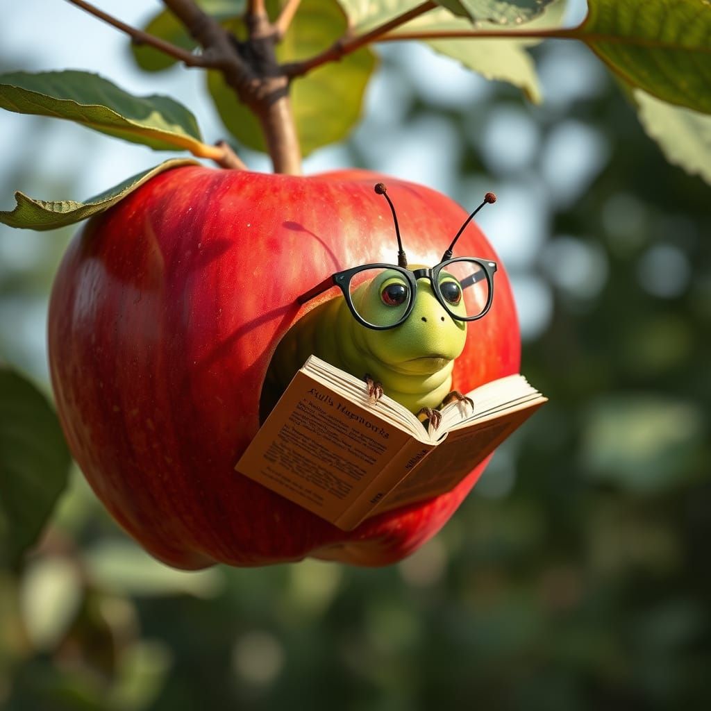 A red apple hanging from a tree, a large caterpillar with glasses sticking out of the apple reading a ...  by @Dantonio